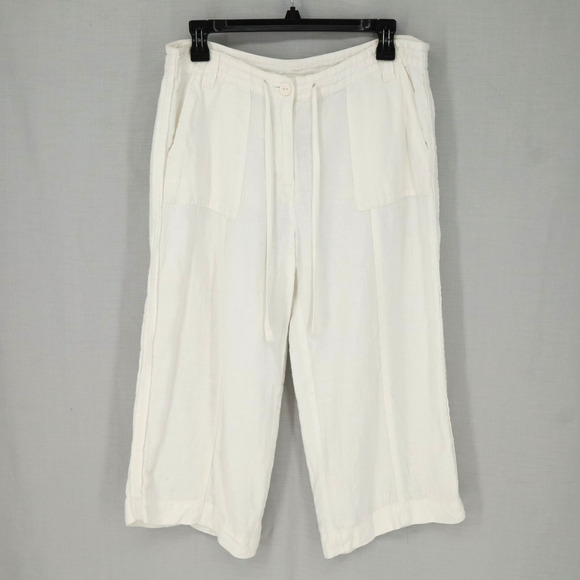 Talbots Pants Petites 4P White Irish Linen Crop Wide Leg Pockets Cruise Resort - Picture 1 of 11